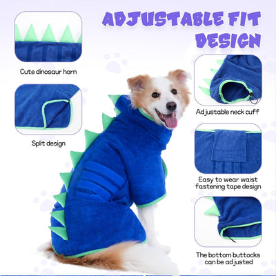 HezzLuv HundeBademantel Mikrofaser mit Dinosaurierhorn, Einstellbar Hundehandtuch Extra Saugfähig fü