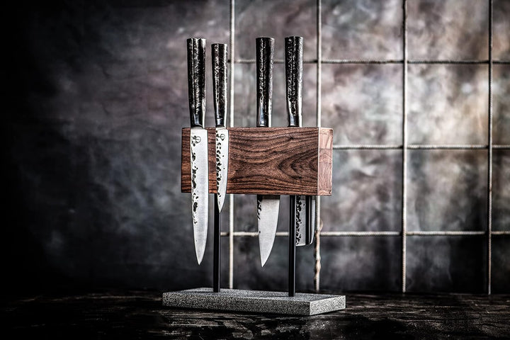 Style de Vie Messerblock Magnetisch, Ohne messer, 2-seiten, Walnussholz, Sockel aus Naturstein