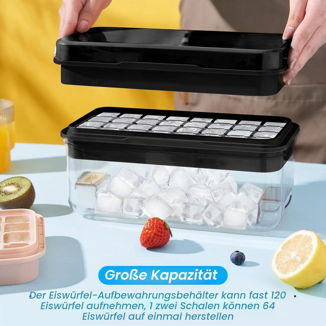 Eiswürfelform mit Deckel und Mülleimer, PHINOX 64 Stück Eiswürfelbehälter für Gefrierschrank, Eiswür