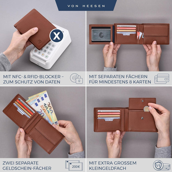 VON HEESEN Leder Geldbörse Herren mit RFID Schutz I Echtleder Geldbeutel für Männer I Münzbörse Port