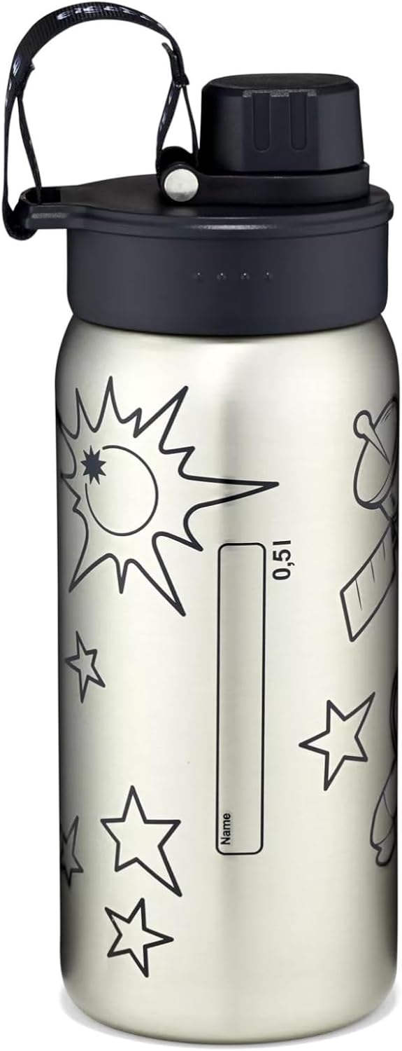 ergobag Edelstahl Trinkflasche Schwarz | 500 ml Fassungsvermögen mit verschiedenen Motiven für Kinde