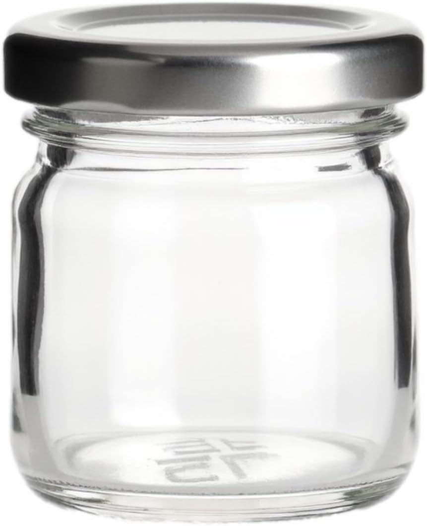 gouveo 48er Set Einmachgläser 40 ml Mini mit Schraub-Deckel silberfarben - Mini Vorratsgläser mit Dr