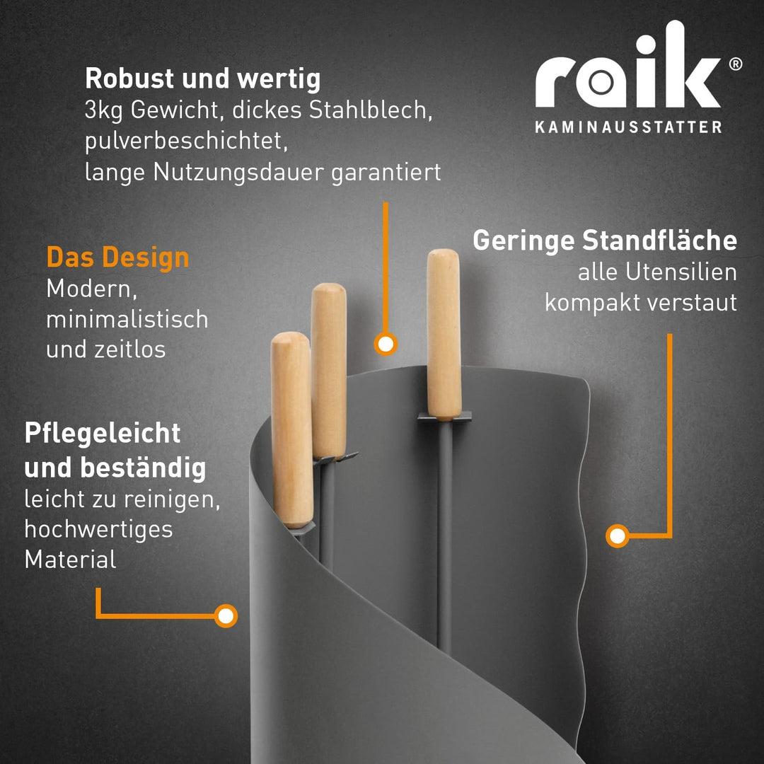raik Kaminbesteck Set Otto 3-teilig inkl. Rindsleder Ofenhandschuh schwarz Kamingarnitur Stahl grau