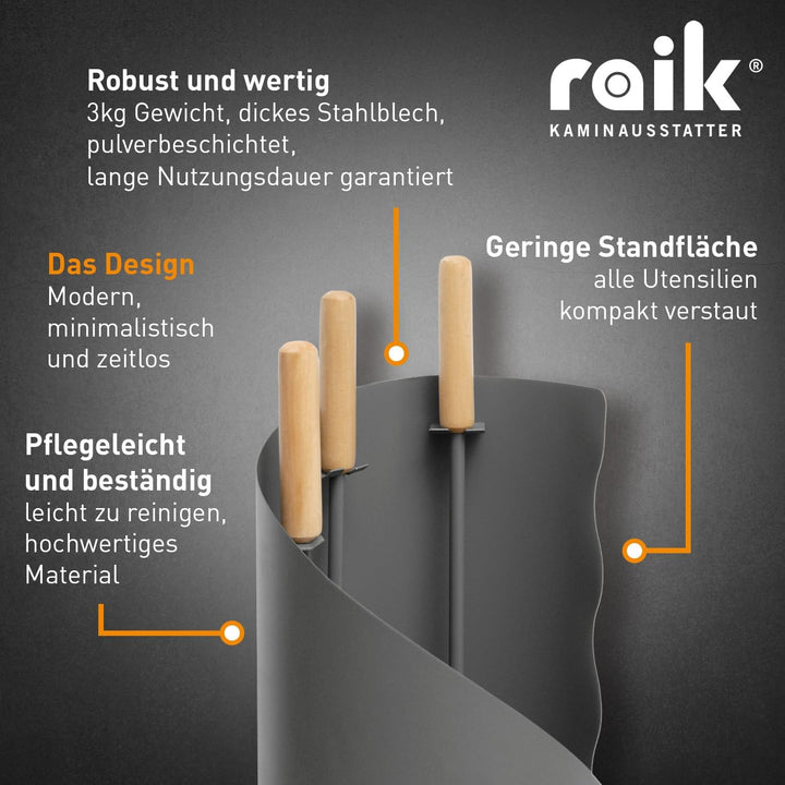 raik Kaminbesteck Set Otto 3-teilig inkl. Rindsleder Ofenhandschuh schwarz Kamingarnitur Stahl grau