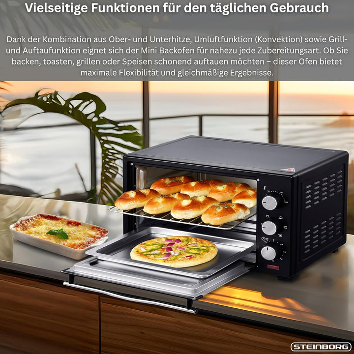 Steinborg® 25 Liter Mini Backofen mit Umluft Pizza Ofen inkl. Backblech und Grillrost Miniofen 60 Mi