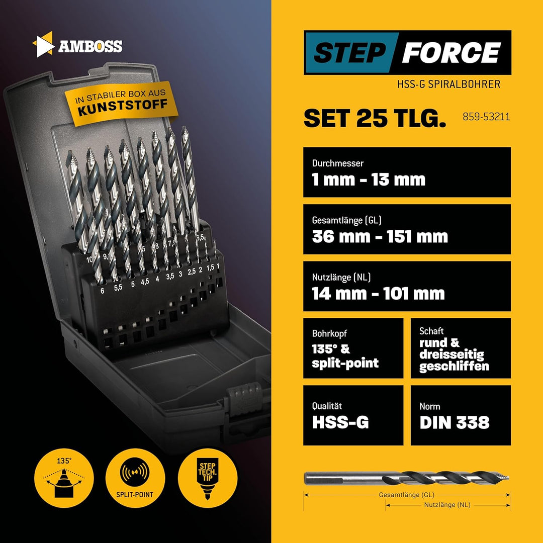 Spiralbohrer Step Force 25tlg. SET Ø1-13 mm - HSS-G DIN 338 für Stahl, Baustahl, Alu, Buntmetalle AM