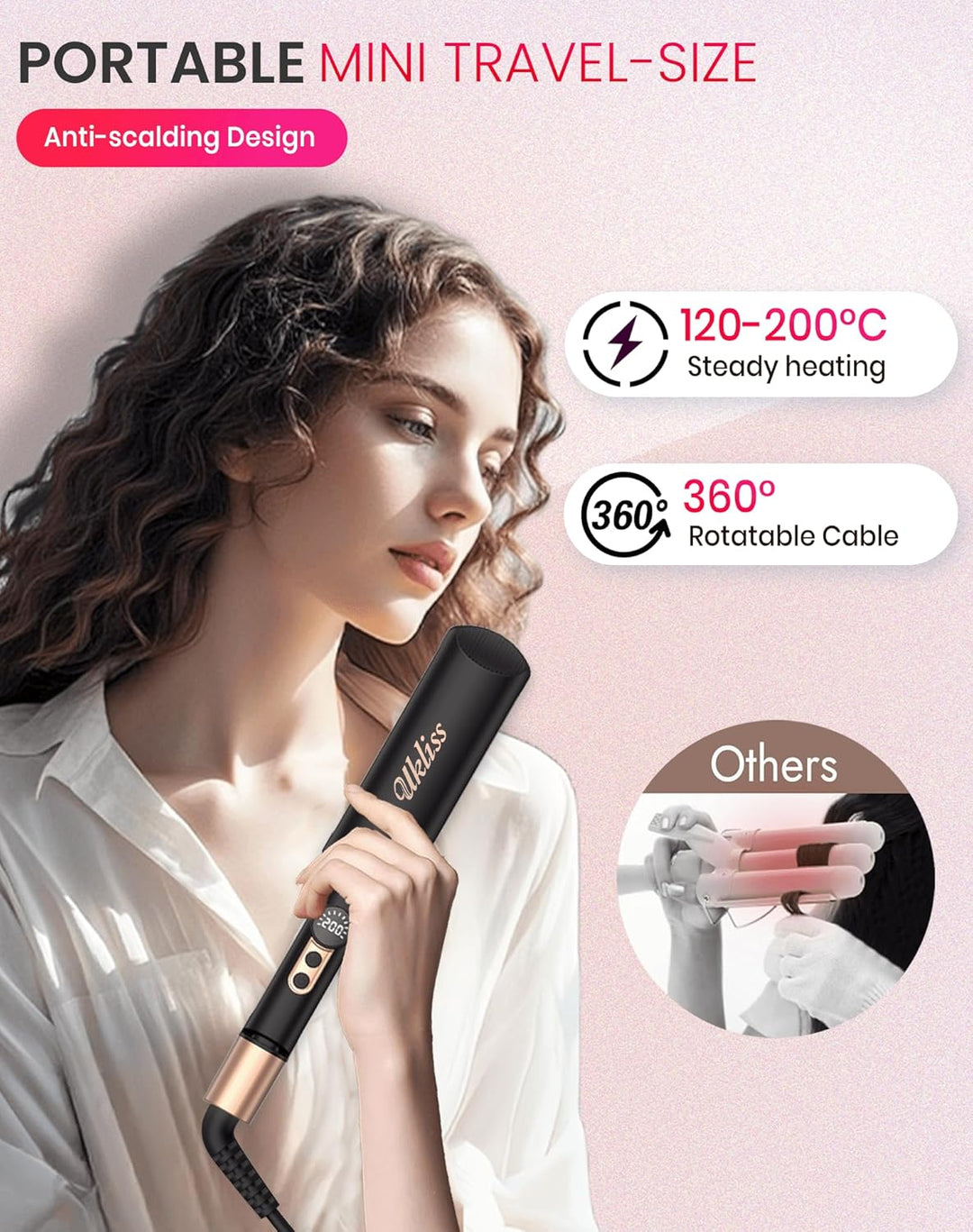 UKLISS Welleneisen, Pro Mini Welleneisen für Haare LCD-Anzeige 120-210℃, Reisegrösse Beach Waves Loc