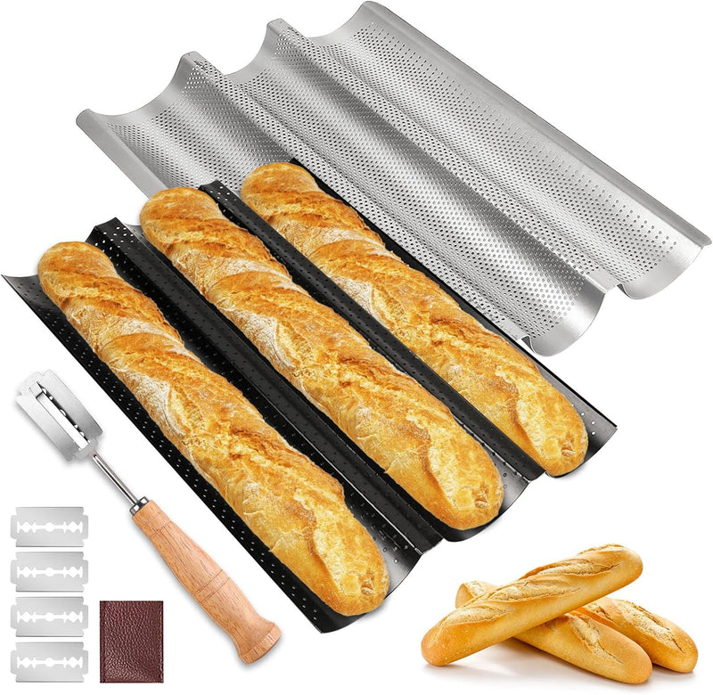 BORDEAG Baguette Backform, 2er Set Baguetteblech für 3 Baguettes mit Bäckermesser, Antihaftbeschicht