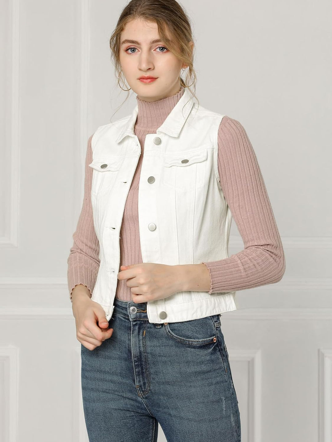 Allegra K Damen Jeansweste Ärmellos Knopfleiste Sommer Denim Revers Jacke Westen mit Taschen XS Weis