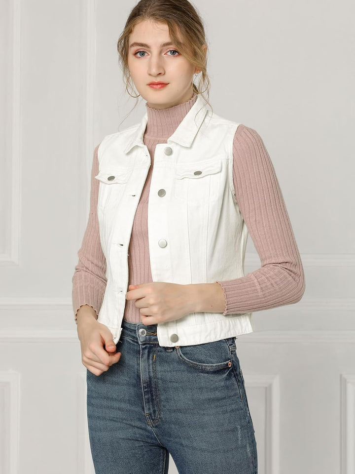Allegra K Damen Jeansweste Ärmellos Knopfleiste Sommer Denim Revers Jacke Westen mit Taschen XS Weis