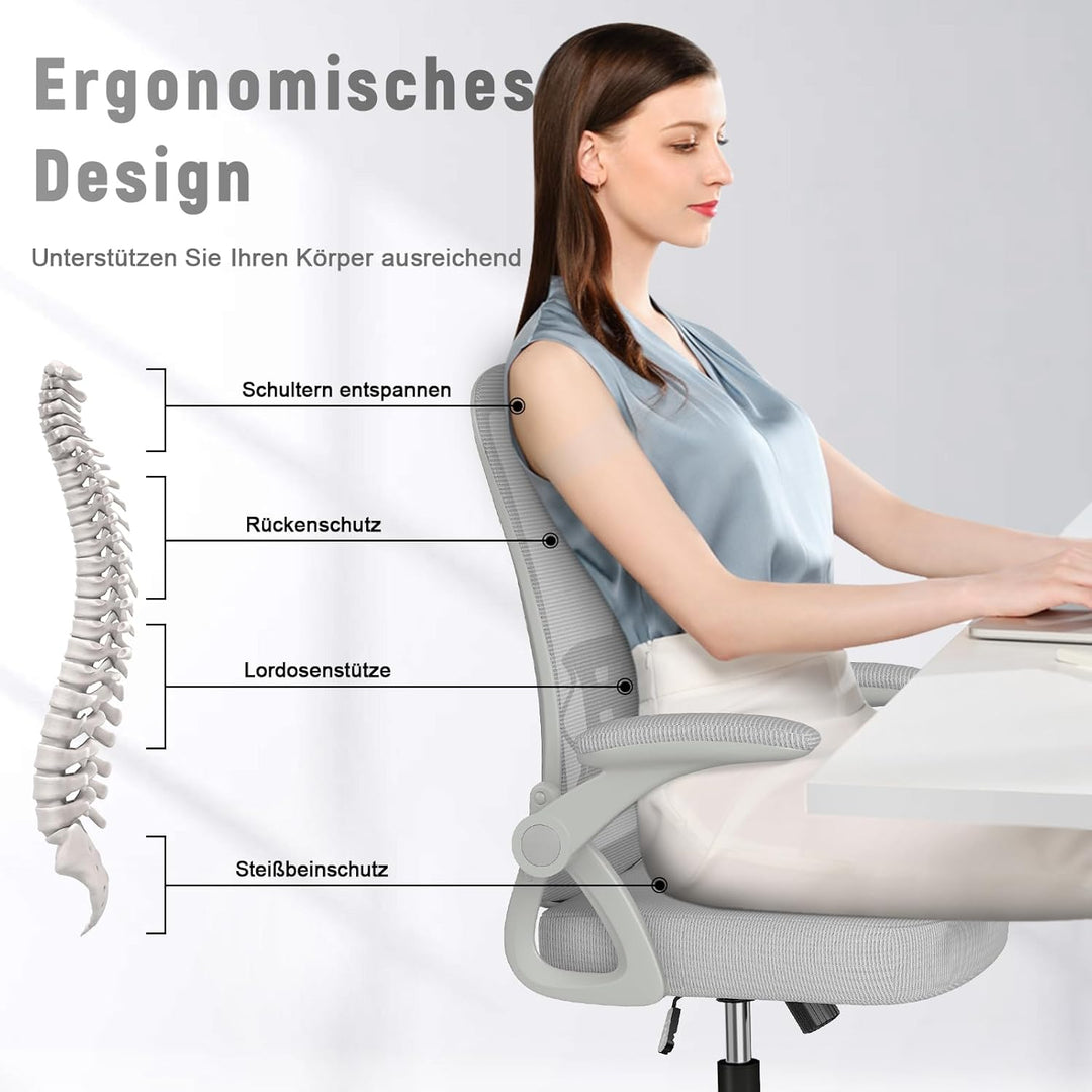 rattantree Bürostuhl mit Hochklappbaren Armlehnen, Ergonomischer Schreibtischstuhl mit Lendenwirbels