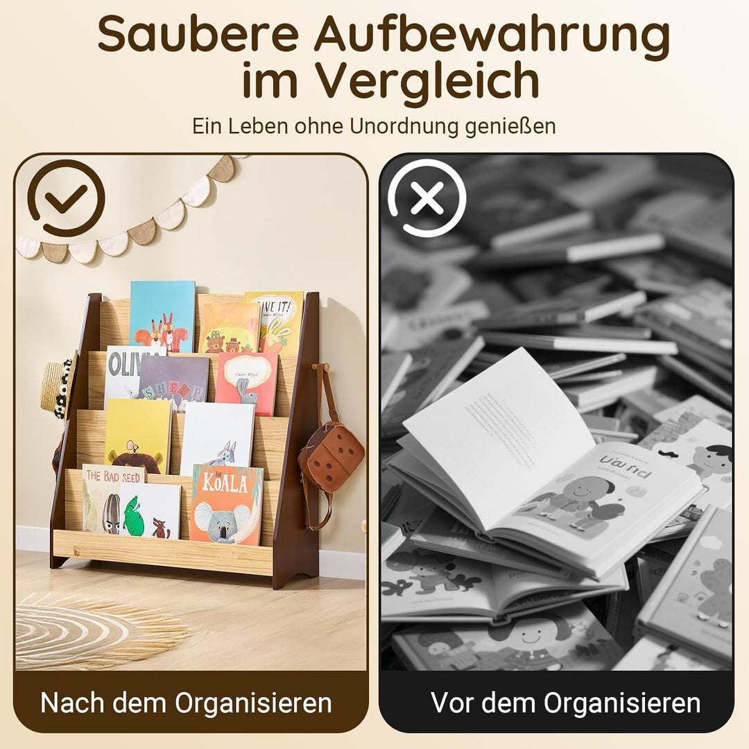 SoBuy Bücherregal Kinder Montessori Kinderregal mit 4 Ablagefächern und 2 Haken Regal Kinderzimmer S