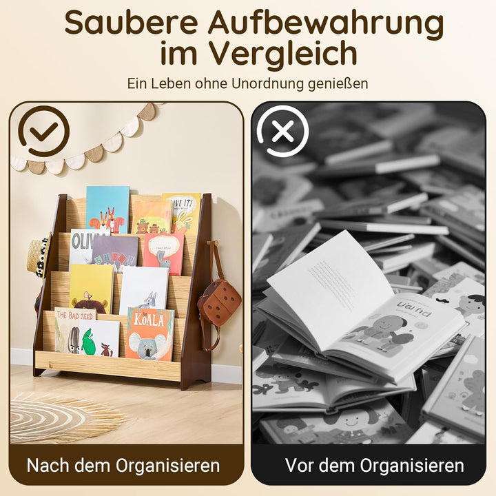 SoBuy Bücherregal Kinder Montessori Kinderregal mit 4 Ablagefächern und 2 Haken Regal Kinderzimmer S