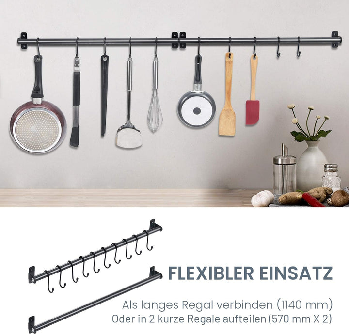 KINGRACK Küchenhalter, Hängeleiste mit 10 beweglichen S Haken, 110CM x 1, Schwarz, Stahl, Modern, 22