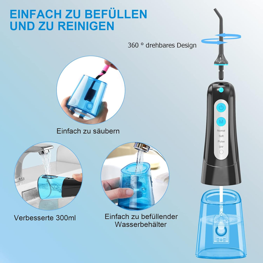 SURFOU Munddusche Kabellos Mundduschen 300ML 4 Modi 4 Düsen, Mundduschen Reise Water Flosser IPX7 Wa