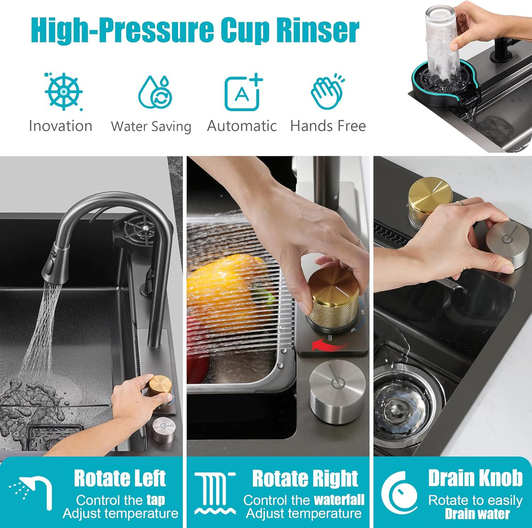 MWIDCIEW Küchenspüle Schwarzgrau Edelstahl mit Wasserhahn Ausziehbar Raindance Wasserfall Spüle Küch