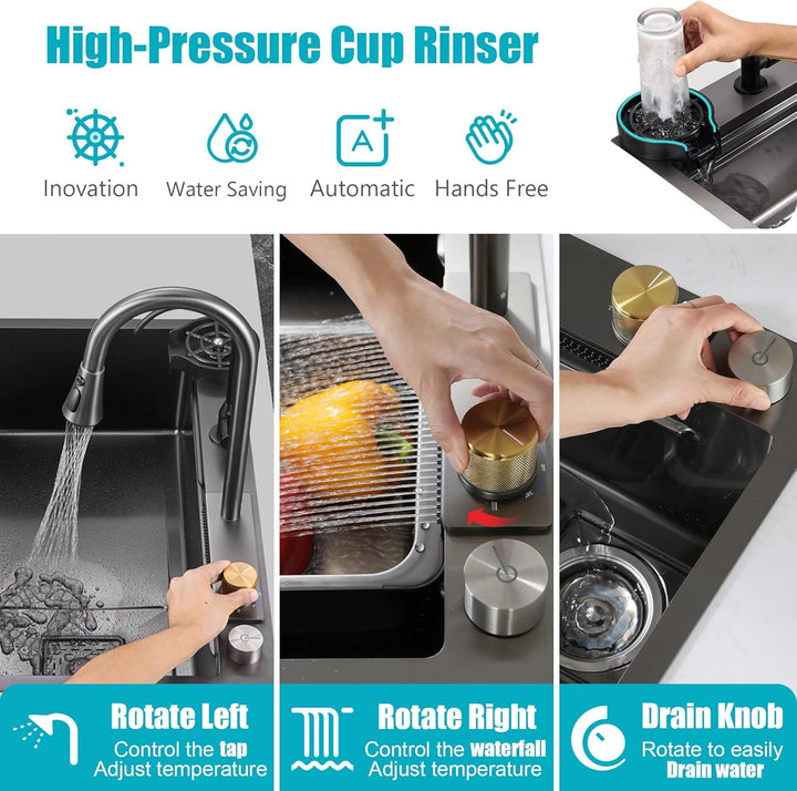 MWIDCIEW Küchenspüle Schwarzgrau Edelstahl mit Wasserhahn Ausziehbar Raindance Wasserfall Spüle Küch
