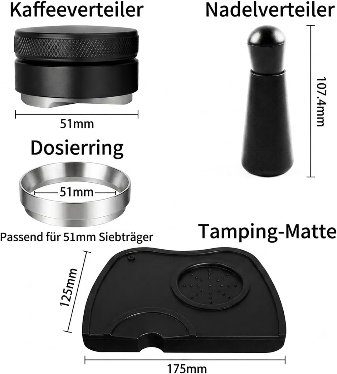51mm Espresso Zubehör Set, 4-in-1 Barista Kit mit Kaffeeverteiler, Dosierring, WDT-Tool & Tampermatt