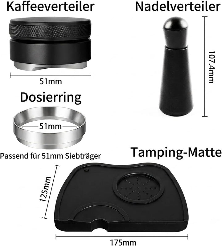 51mm Espresso Zubehör Set, 4-in-1 Barista Kit mit Kaffeeverteiler, Dosierring, WDT-Tool & Tampermatt