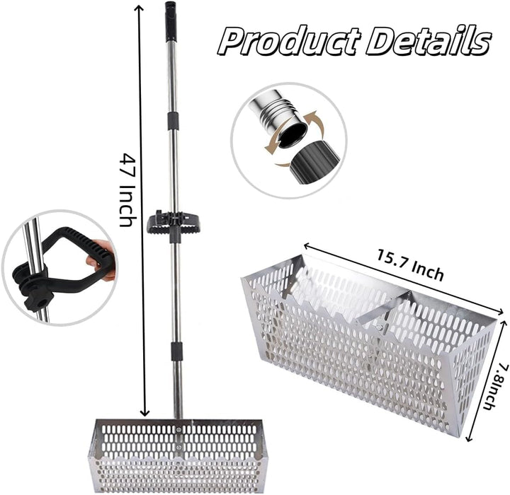 Sand Flohrechen Set, Edelstahl Strand Sandsieb mit 15,8 Zoll Haifischzahn, breiter Korb, Kohlenstoff