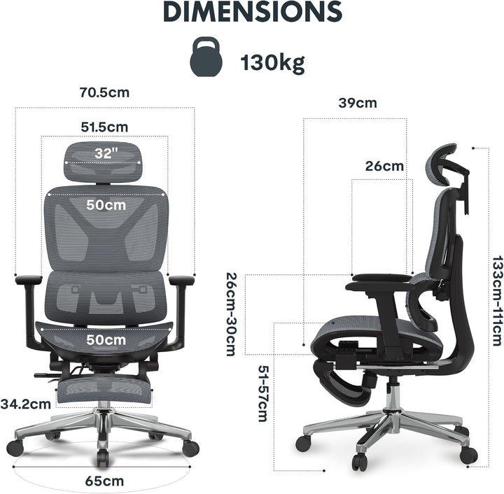 FLEXISPOT C7 LITE Ergonomischer Bürostuhl Schreibtischstuhl mit Fussstütze, 3D-Armlehnen, 3D-Kopfstü