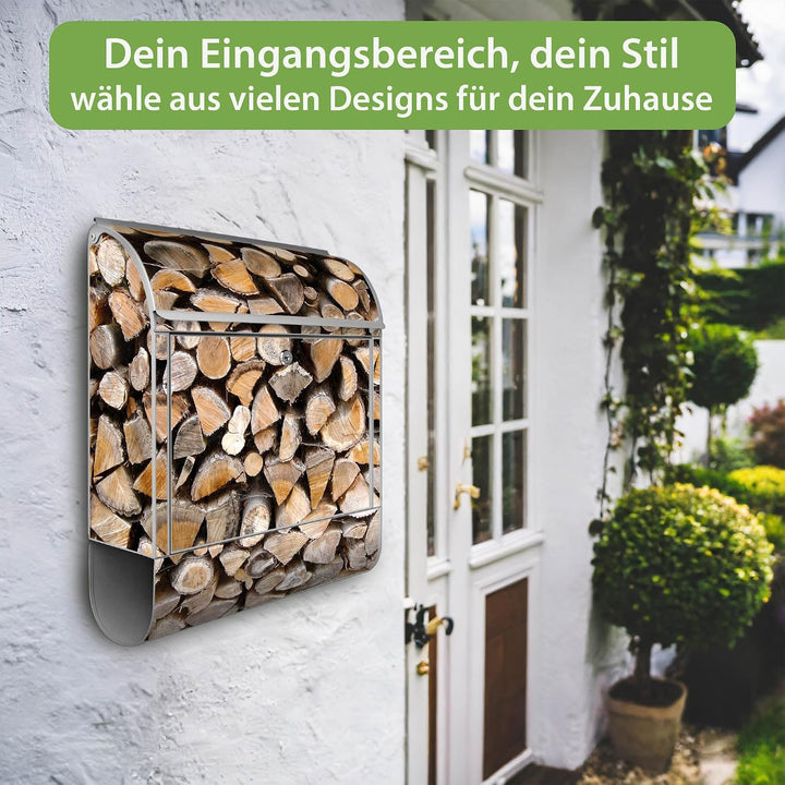 banjado® Design Briefkasten mit Motiv Holzstapel 39x47x14cm &amp; 2 Schlüssel - Briefkasten Stahl Silber