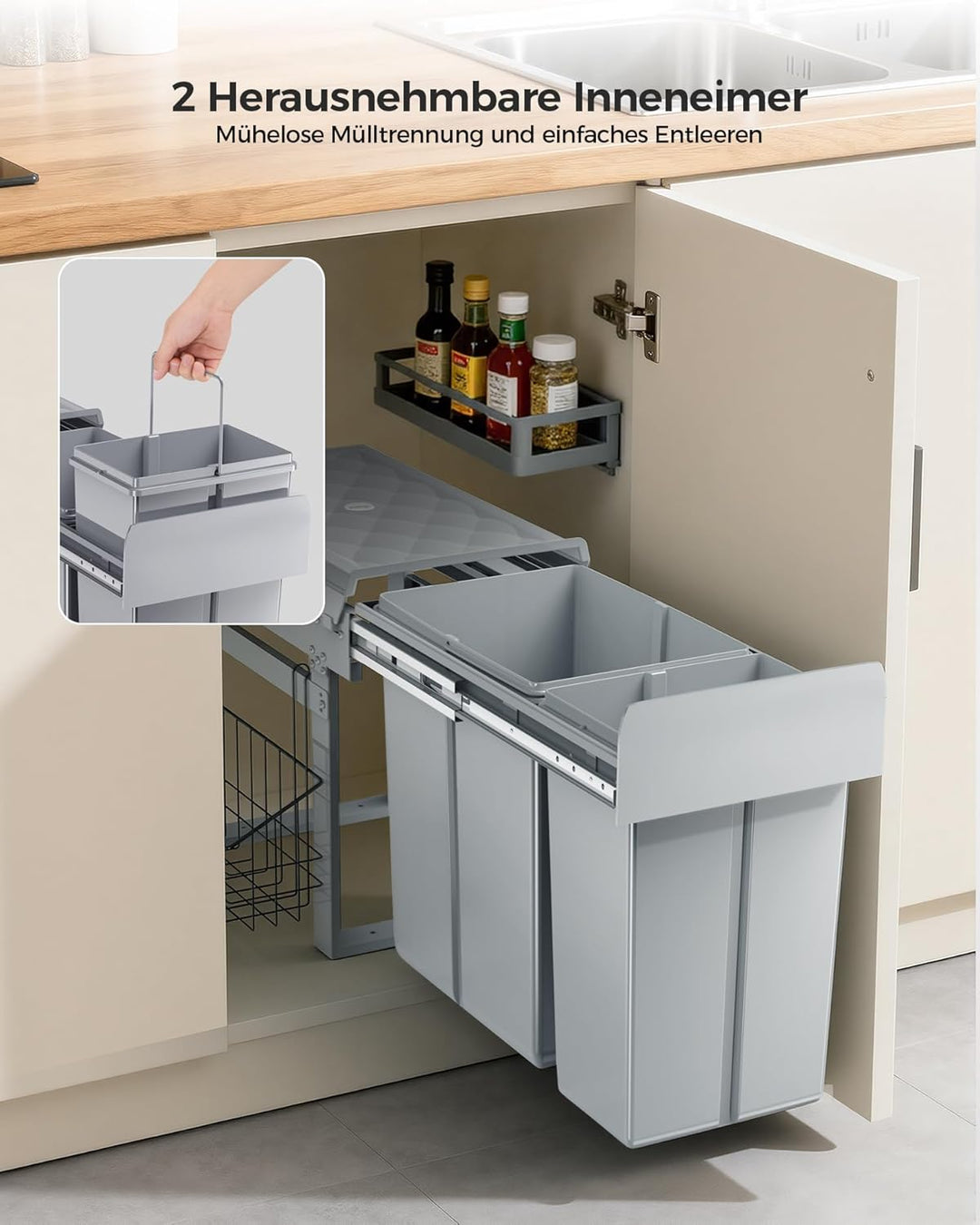 lovewind Abfallsammler Tandem, 10L+20L, Mülleimer küche, Mülltrennsystem für Unterschrank，Abfalleime