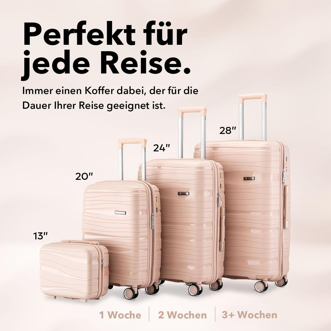 Travel One Kofferset 4-teilig – Hellrosa – Hartschalen Trolley-Set 32/60/98L, Zahlenschloss & 360° R