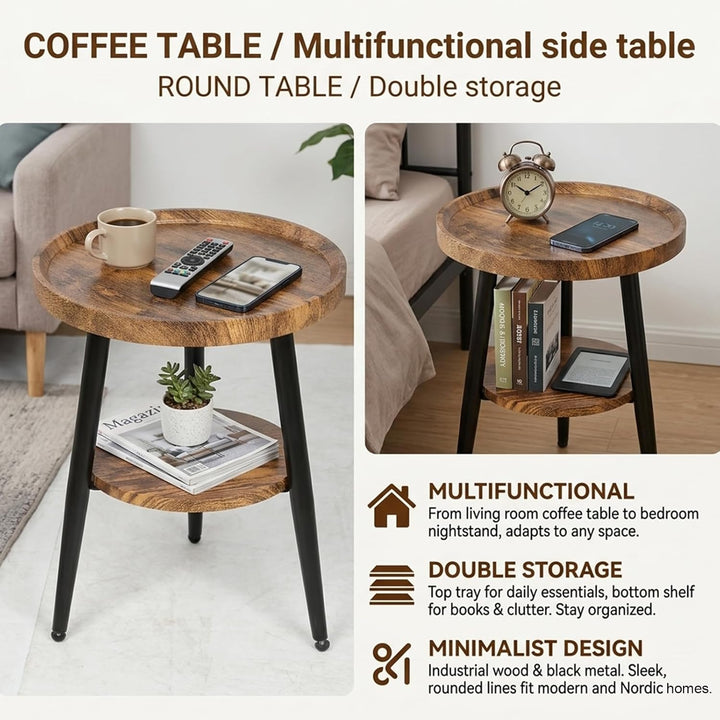 Beistelltisch Rund Holz | Runder Beistelltische Wohnzimmer | Couchtisch Klein mit Unterem Ablage | S