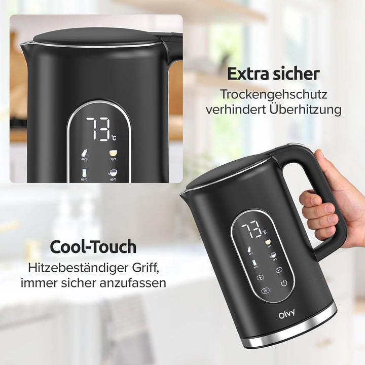 Olvy Elektrischer Wasserkocher 1,7L – Schnellkochender Wasserkocher mit Temperaturregelung, Warmhalt