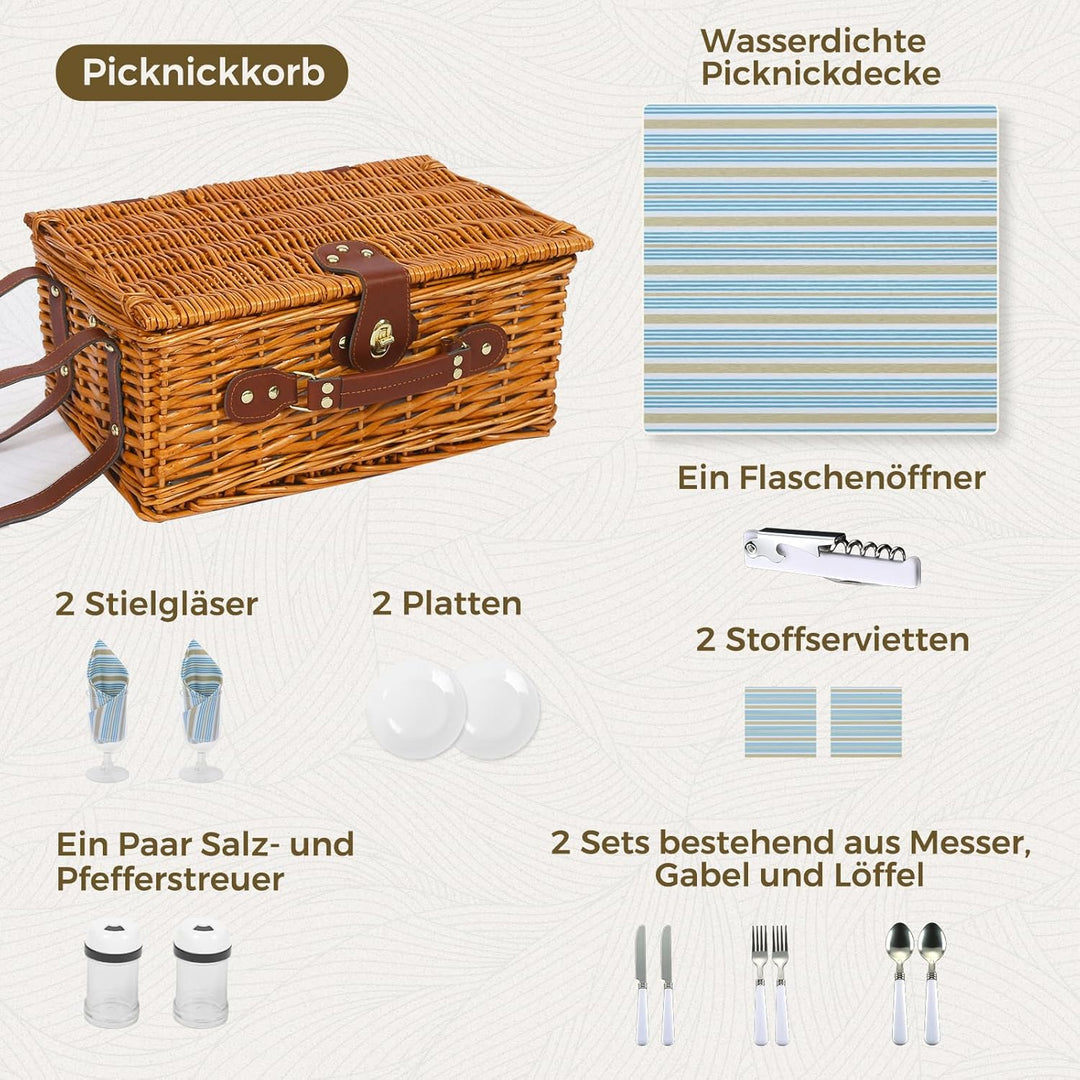 Picknickkorb Set für 2 Person mit Kühlfach und wasserdichte Picknickdecke, Abnehmbarer Riemen, Weinb