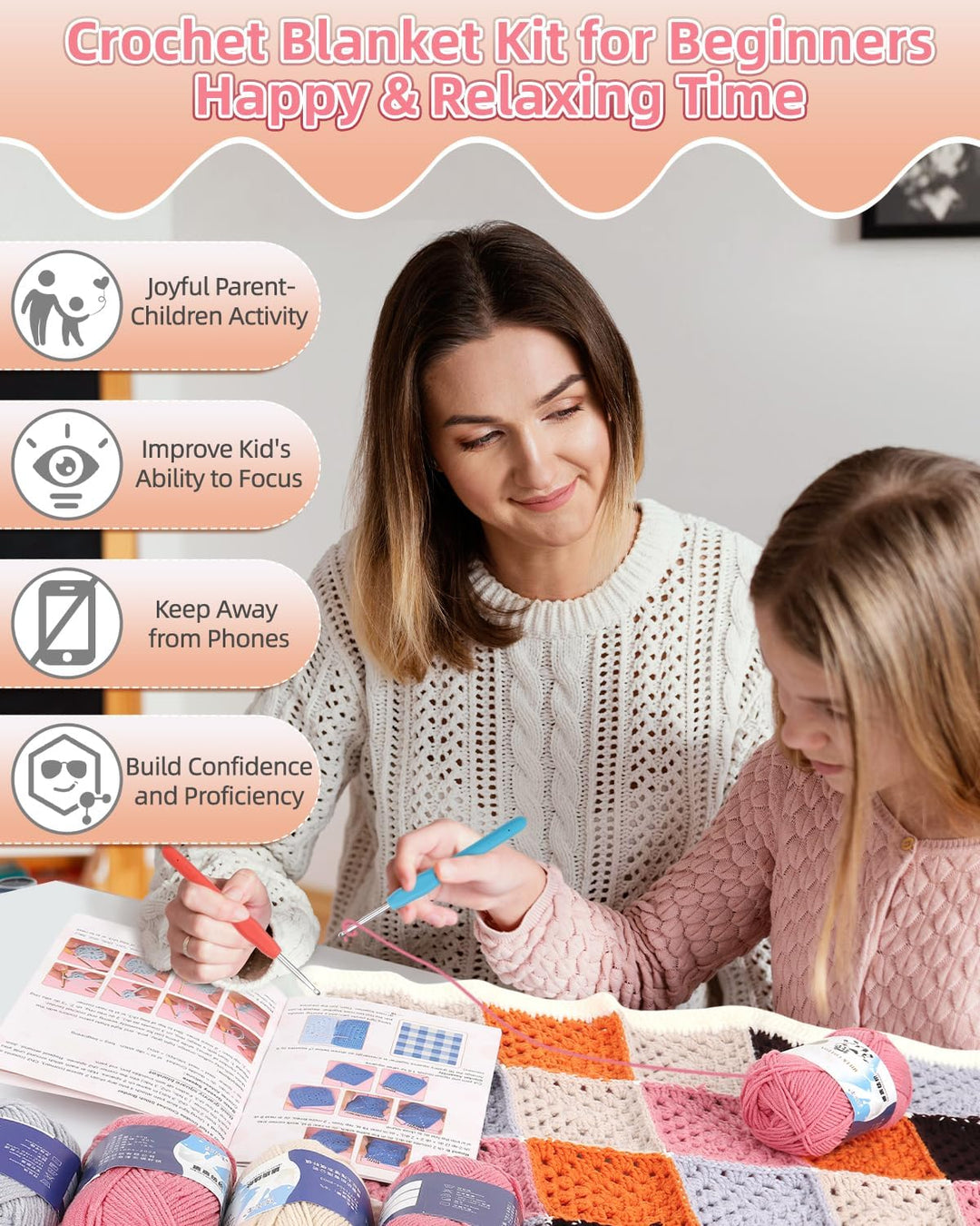 Aeelike Häkelset Anfänger für Granny Square Decke, Starter Häkelset für Erwachsene mit Häkelnadeln 4