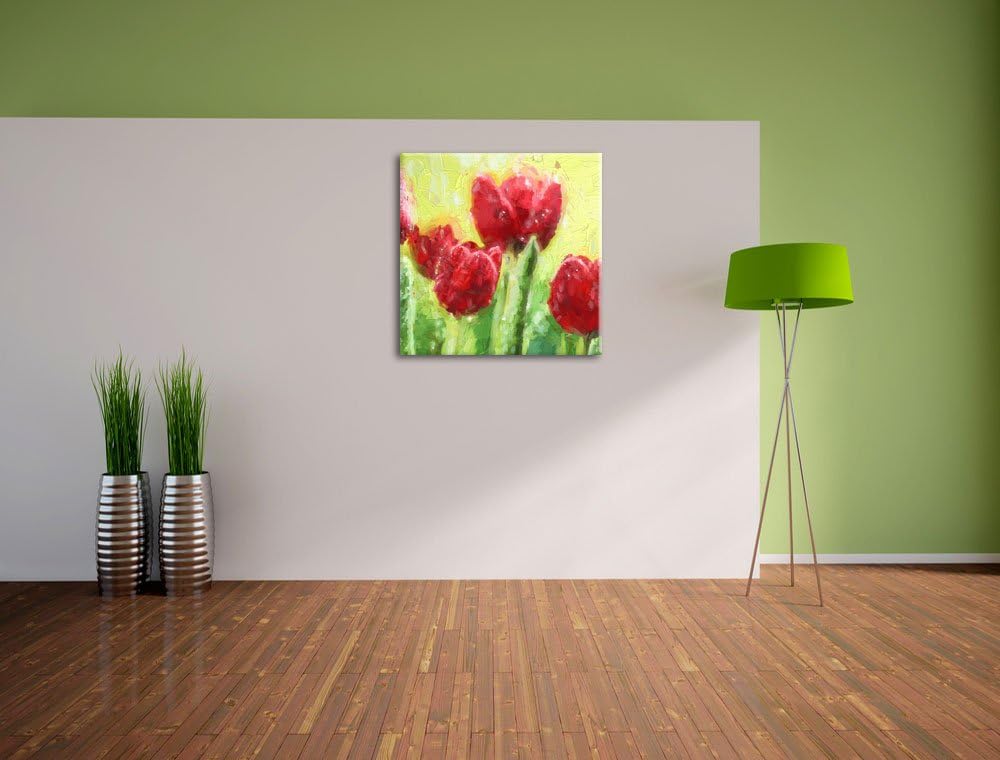 Pixxprint Rote Tulpen mit Tropfen bedeckt als Leinwandbild Quadratisch/Grösse: 70x70 / Wandbild/Kuns