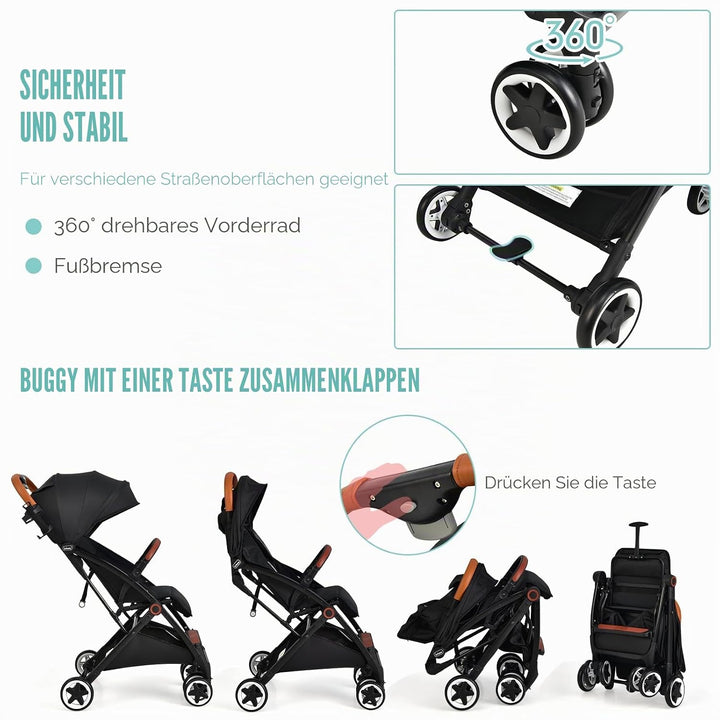 LIFEZEAL Kinderwagen Klappbar, Babywagen Klappbar mit Sonnenschutz, Reisebuggy mit Rückenlehne &amp; Ver