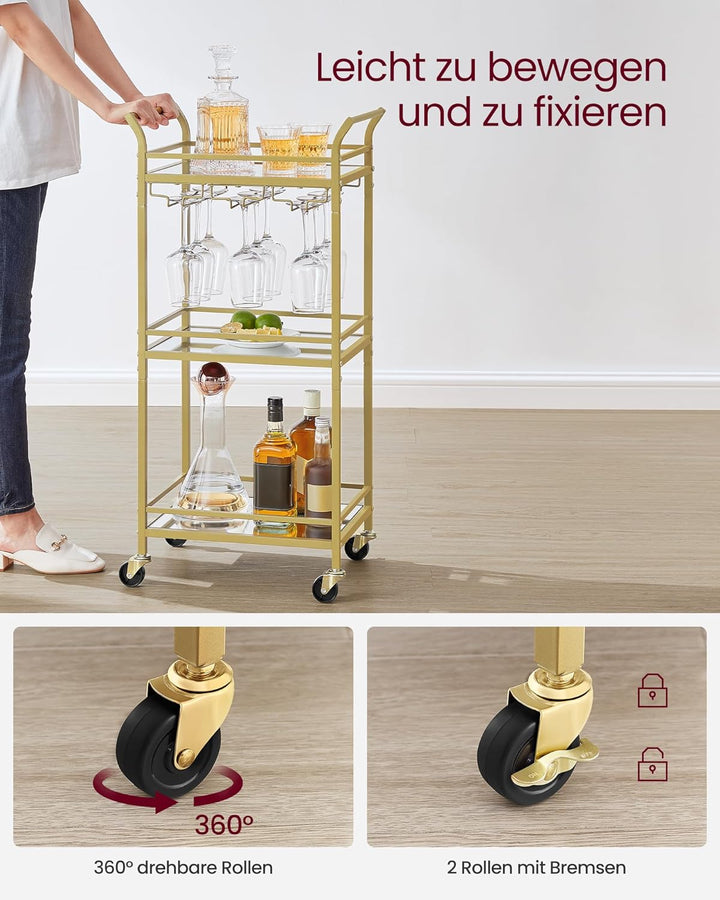 VASAGLE Servierwagen, 3 Ebenen, Rollwagen, mit Rollen, Griffen, verspiegelte Glasablagen, für kleine