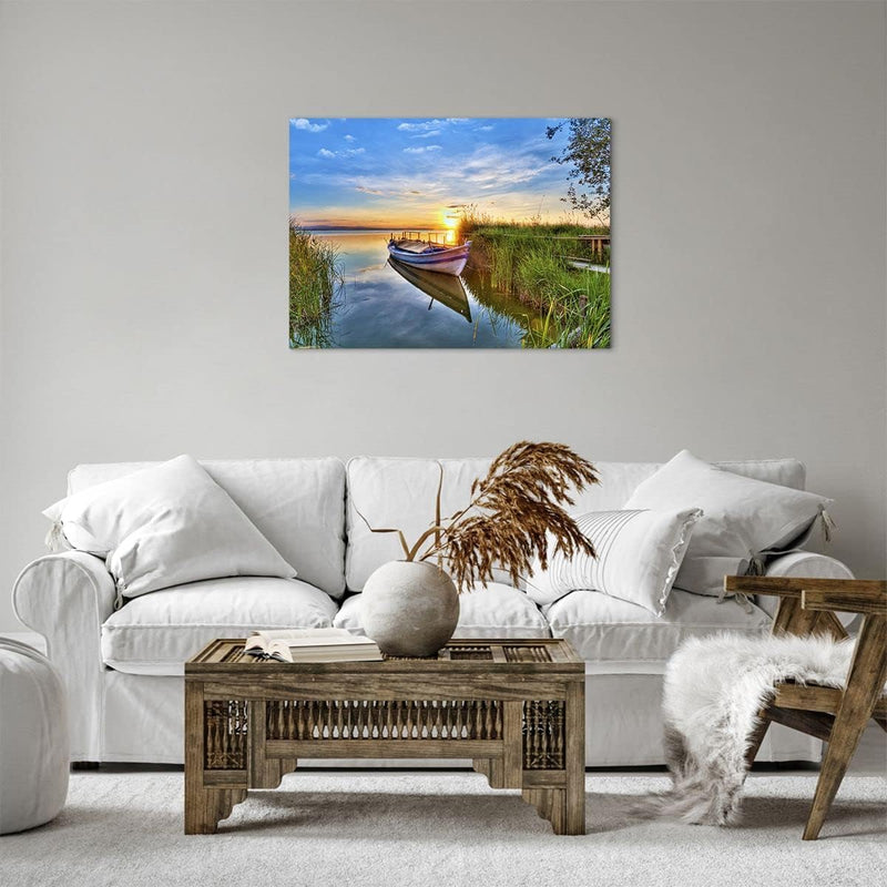 Bilder auf Leinwand See Boot Wasser Leinwandbild mit Rahmen 70x50cm Wandbilder Dekoration Wohnzimmer