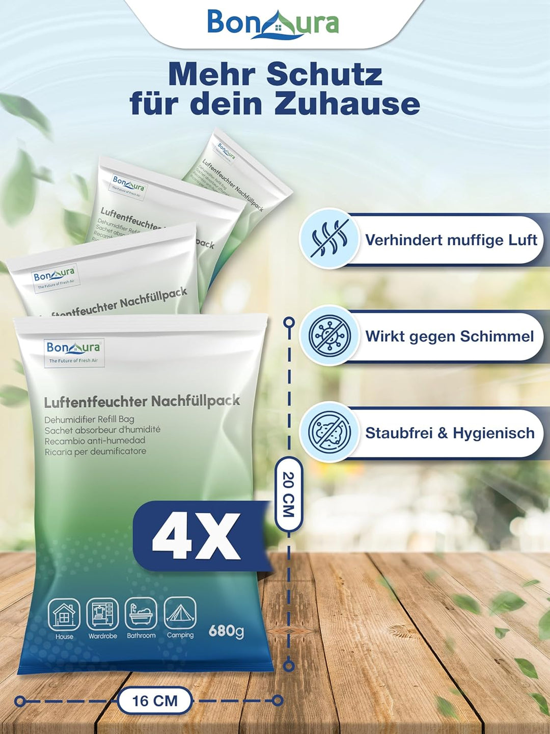 BonAura® AirOne Luftentfeuchter Nachfüllpack I 4er Set 680g Luftentfeuchter Granulat I Entfeuchter N