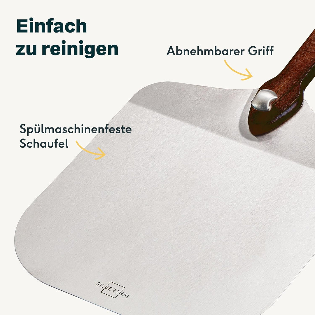 SILBERTHAL Pizzaschieber Edelstahl Ø30cm - Griff aus Akazienholz - Profi Pizzaschaufel faltbar - Spü