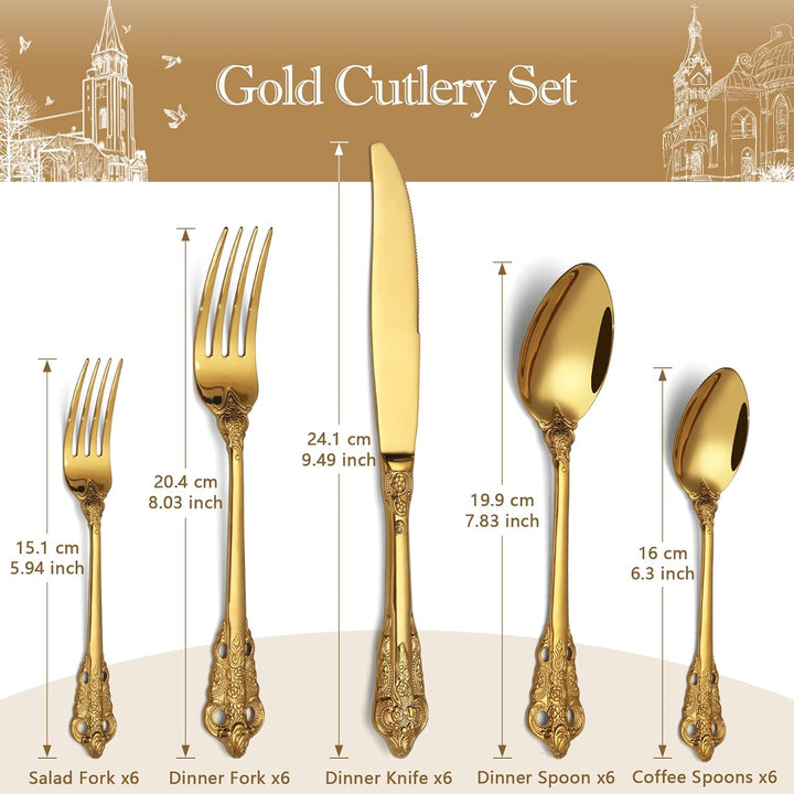 BEWOS 30 Stück Gold Palast Besteck Set, Hochwertig Edelstahl Besteck, Geprägte Design-Griffe, Banket