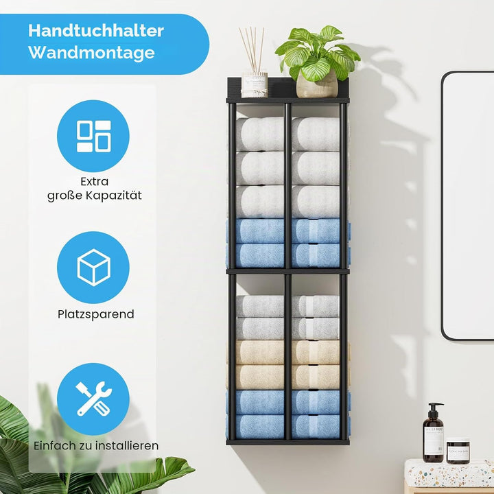 Handtuchhalter für Badezimmer Wandmontage mit Holzbrett - Grosse Kapazität Schwarz Robuster Aufbewah