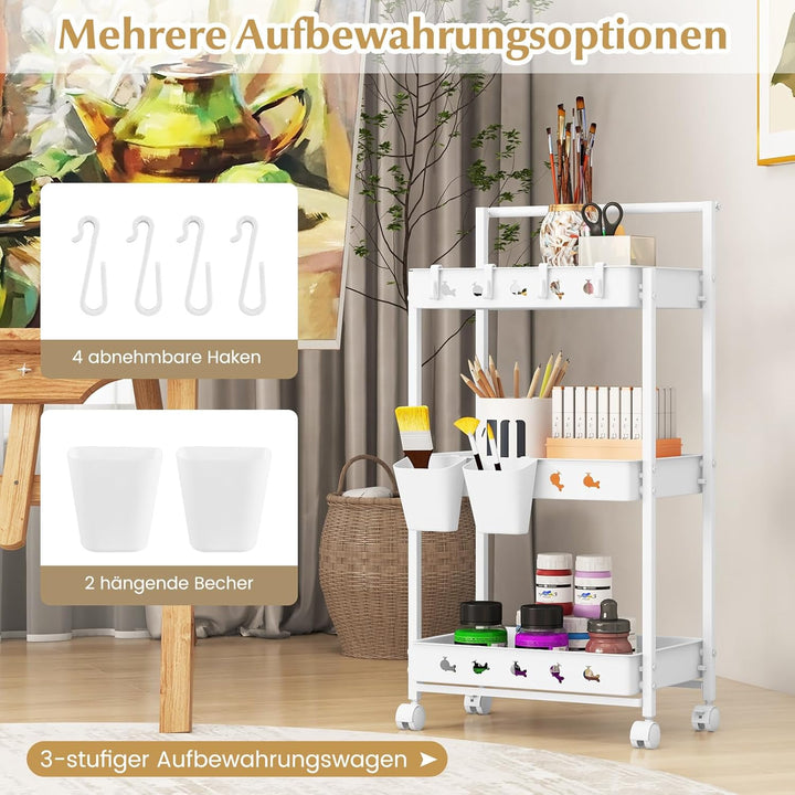 GOPLUS 3-Ebenen Rollwagen, Servierwagen mit Universalrädern, Griff, 2 Aufbewahrungsboxen, 4 Haken, O