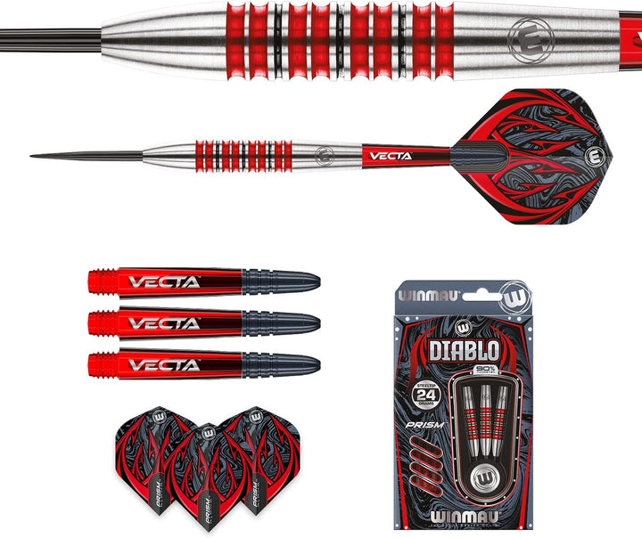 WINMAU Diablo Profi Stahlspitze Wolfram Dartpfeile mit Flüge und Stiele (Wellen) 24g Torpedo, 24g To
