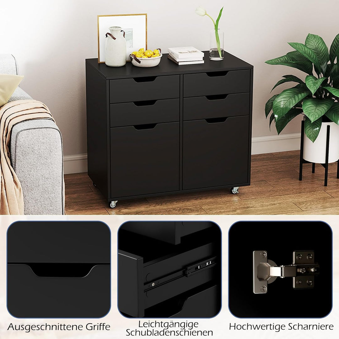 COSTWAY Rollcontainer mit 4 Schubladen und 2 Türen, Aktenschrank mit Rollen, Druckerständer, Bürosch