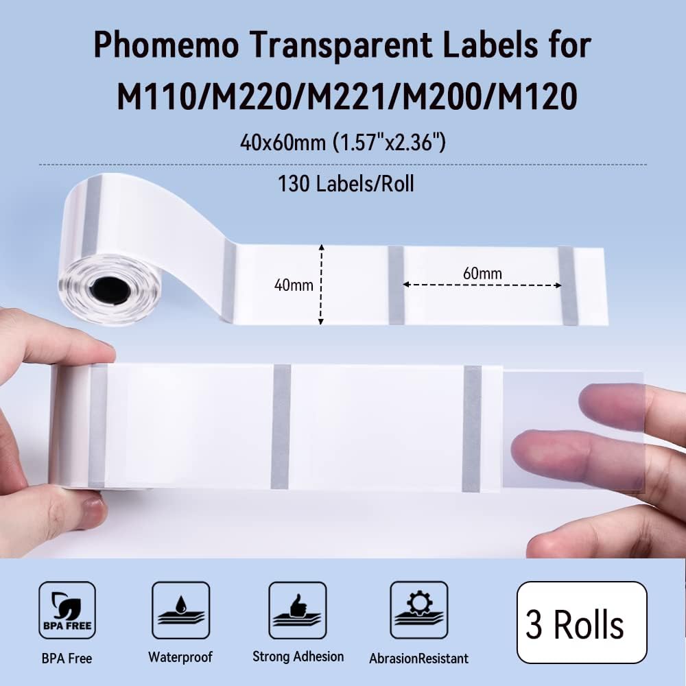 Phomemo M110/M200/M220/M221 Rechteckige Transparente Selbstklebeetiketten für Phomemo M110/M200/M220