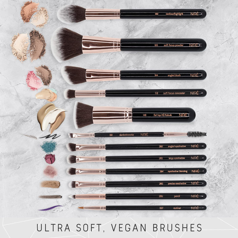 Niré Beauty Make-up-Pinselset, 15-teilig: preisgekrönte vegane Profi-Pinsel mit Etui, Niré make up s