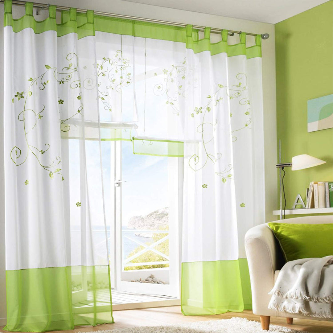 SIMPVALE 2 stücks Vorhänge Gardinen Stickerei mit Laschen für Zimmer Breite 140 cm, Grün, Höhe 145cm