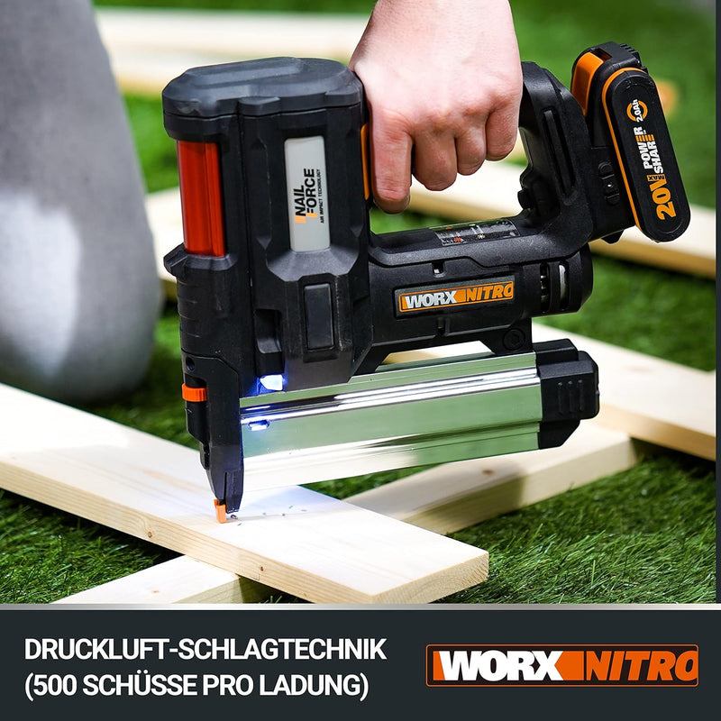 WORX WX840.9 NITRO NailForce Akku Nagler und Tacker 20V - 2-IN-1 Funktionen als Bolzensetzgerät & Sc