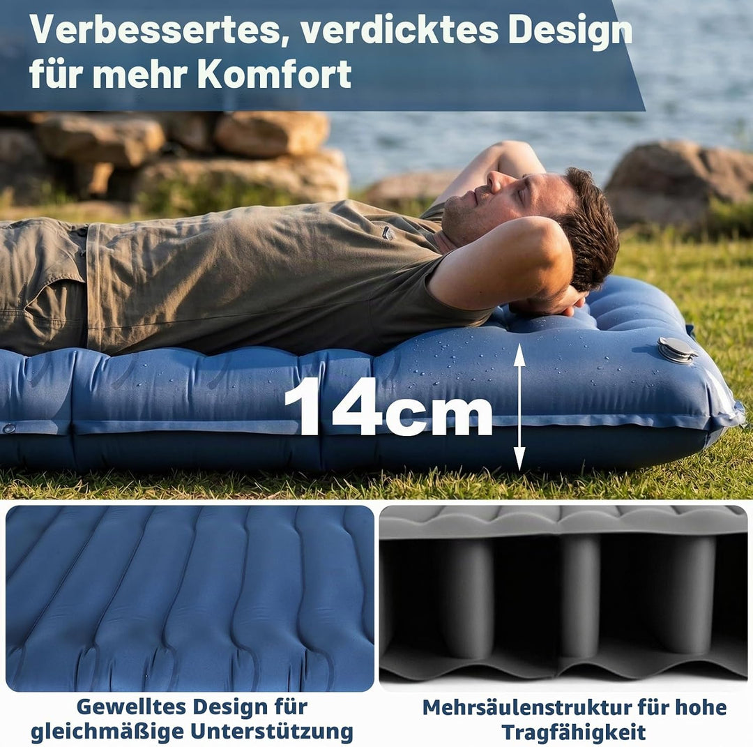 Isomatte Camping Outdoor, 14cm Verdickte Luftmatratze Isomatte mit Kissen & Fusspumpe, Faltbare Camp