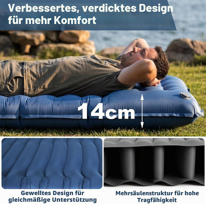 Isomatte Camping Outdoor, 14cm Verdickte Luftmatratze Isomatte mit Kissen & Fusspumpe, Faltbare Camp