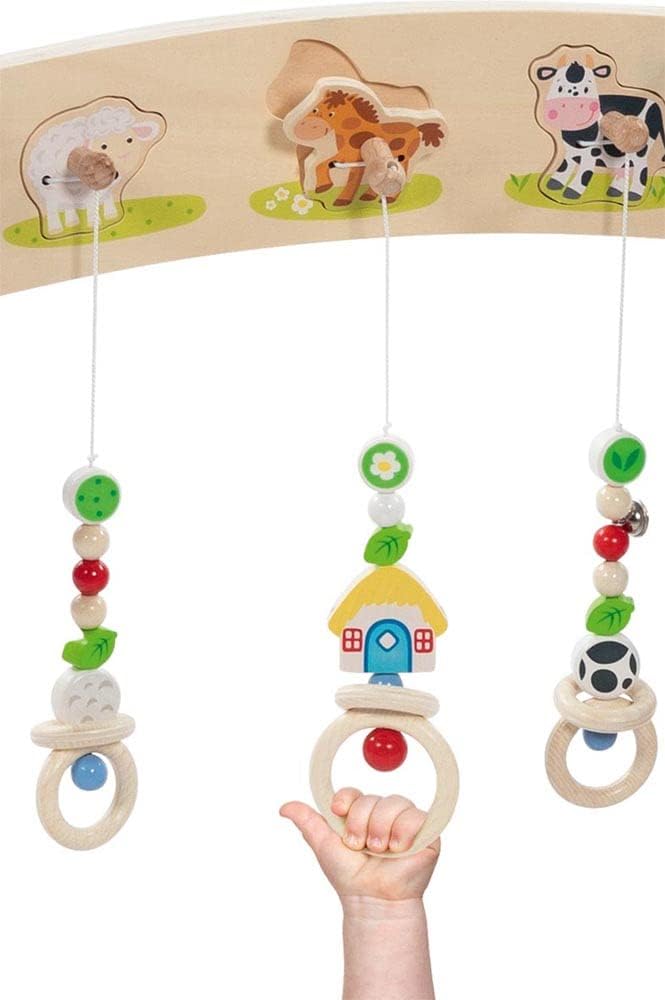 goki 65208 - Baby-Fit Bauernhof Tierstimmen Greif- und Spieltrainer aus Holz, Spielebogen mit Sound,